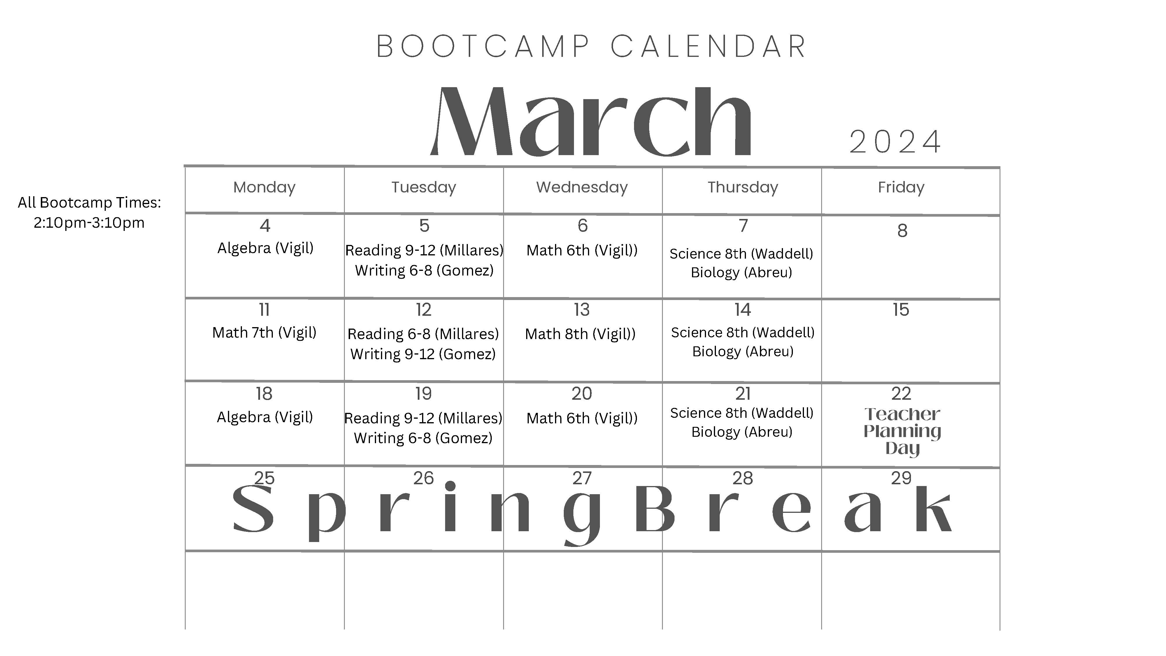 Boot Camp Calendar 1